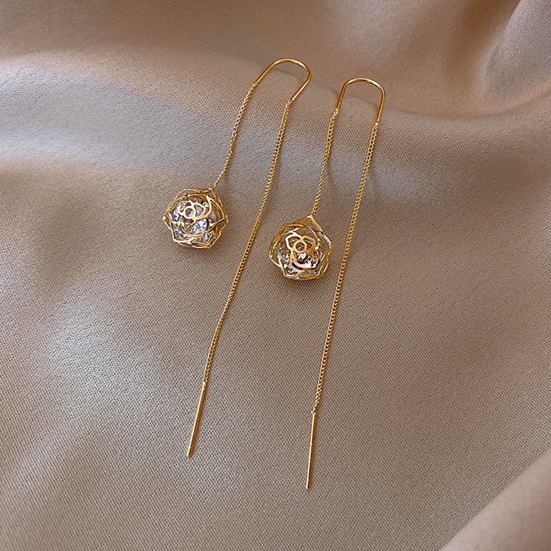 Boucles d'oreilles longues et pendantes pour femmes, piercing en cristal de Zircon couleur or rose, enfileur d'oreilles