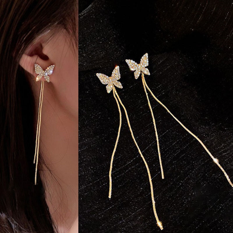 Boucles d'oreilles longues et pendantes pour femmes, piercing en cristal de Zircon couleur or rose, enfileur d'oreilles