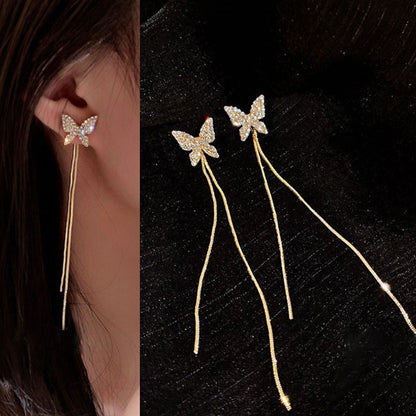 Boucles d'oreilles longues et pendantes pour femmes, piercing en cristal de Zircon couleur or rose, enfileur d'oreilles